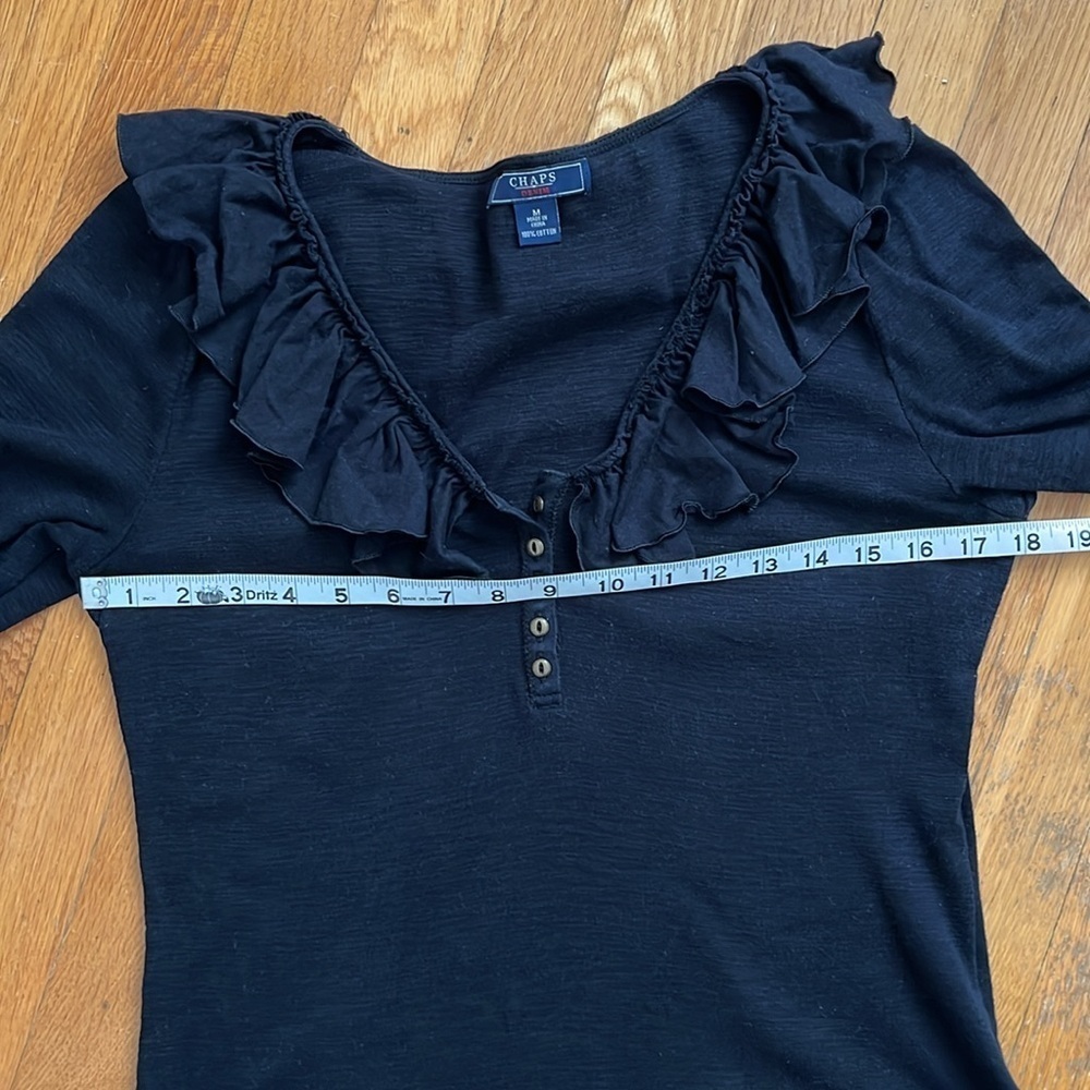 Chaps Y2K Style Black Ruffle Collar 3/4 Sleeve 100% Cotton Knit T-Shirt Blouse - Picture 6 of 11